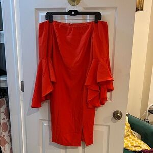VENUS Red Off-Shoulder Dress with Ruffles